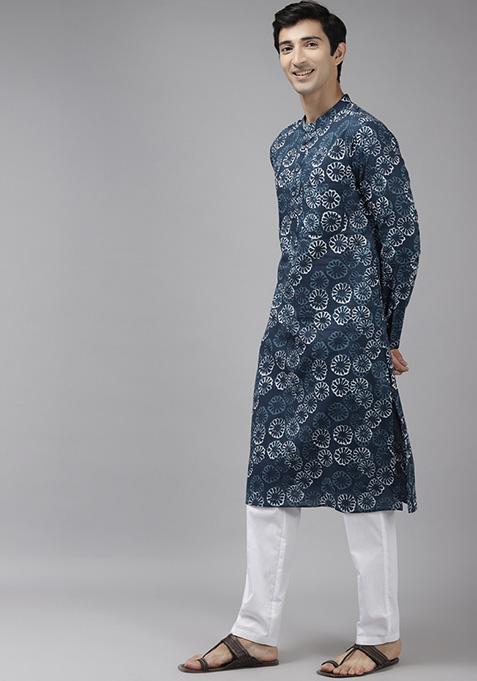 Blue Cotton Straight Kurta Set For Men