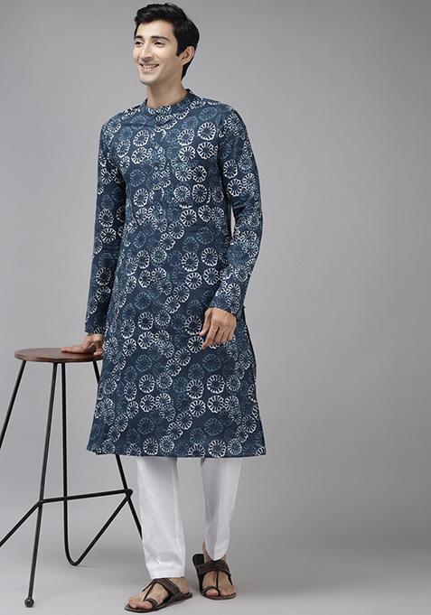 Blue Cotton Straight Kurta Set For Men