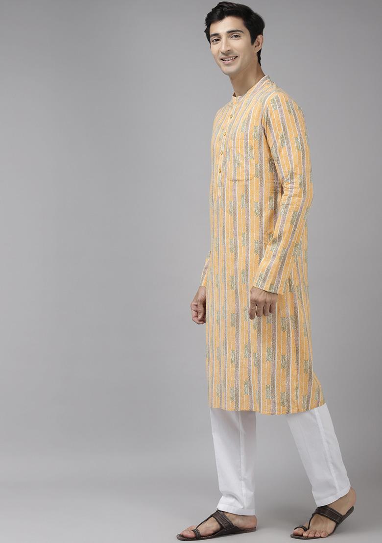 Yellow Self Design Kurta Set For Men