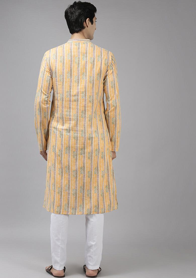 Yellow Self Design Kurta Set For Men