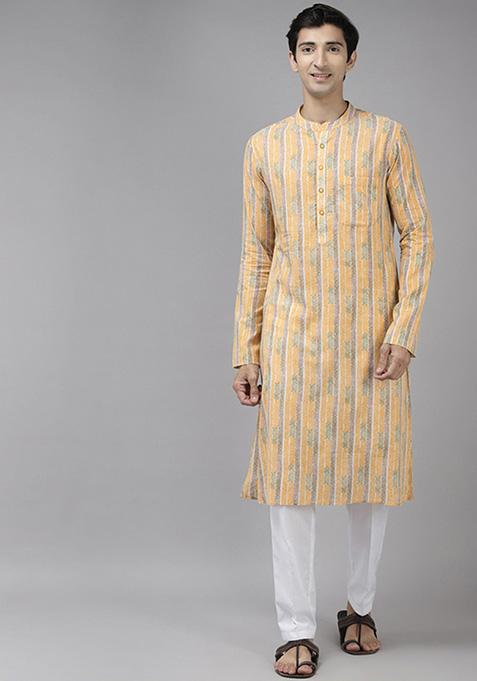 Yellow Self Design Kurta Set For Men