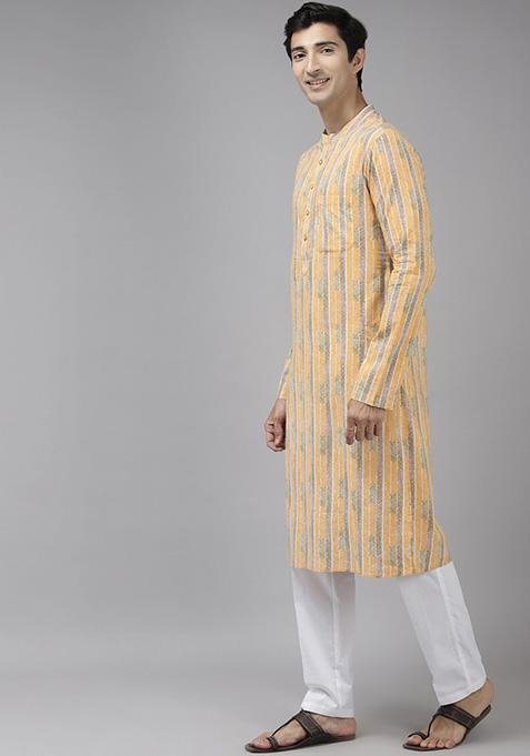 Yellow Self Design Kurta Set For Men