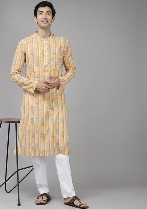 Yellow Self Design Kurta Set For Men