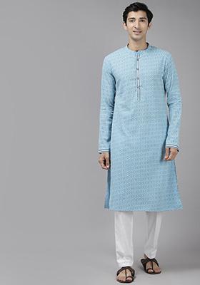 Blue Printed Cotton Straight Kurta Set For Men