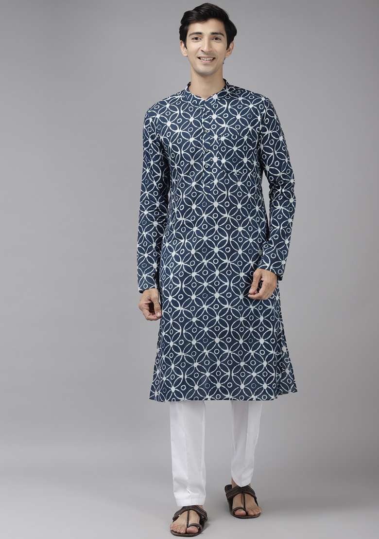 Blue Printed Straight Kurta Set For Men - Indya