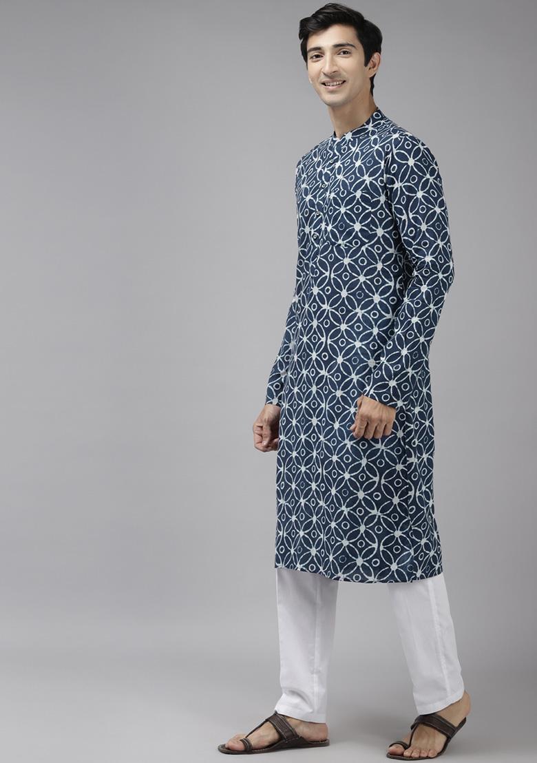 Blue Printed Straight Kurta Set For Men - Indya