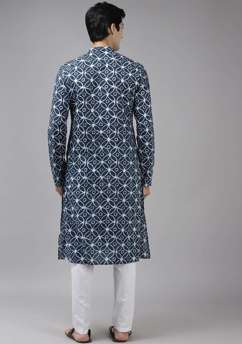 Blue Printed Straight Kurta Set For Men - Indya