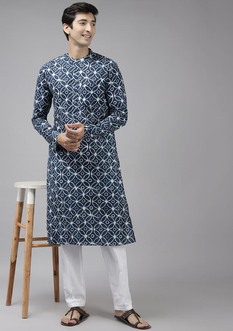 Blue Printed Straight Kurta Set For Men - Indya