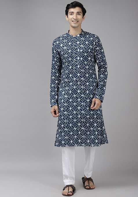 Blue Printed Straight Kurta Set For Men