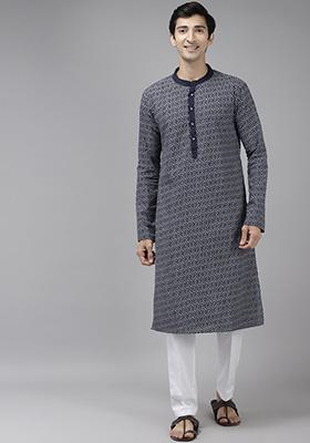 Blue Printed Thread Work Cotton Kurta Set For Men
