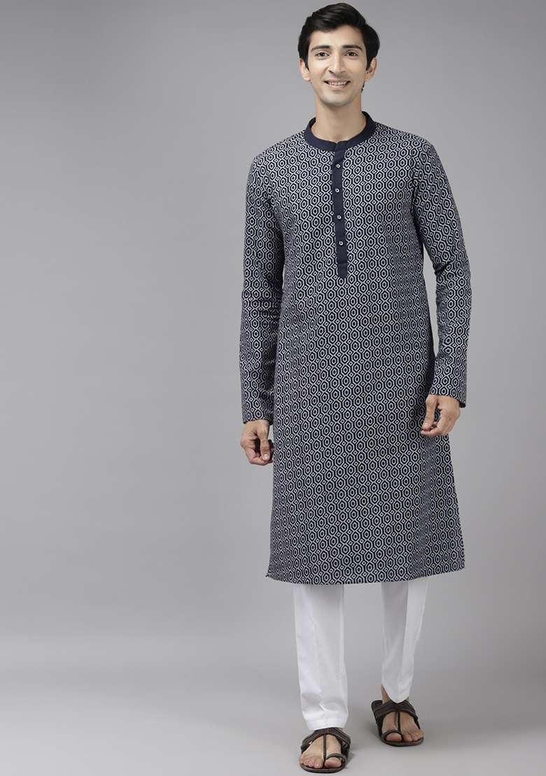 Blue Printed Thread Work Cotton Kurta Set For Men - Indya