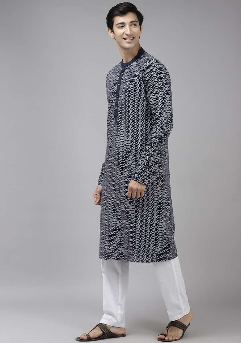 Blue Printed Thread Work Cotton Kurta Set For Men - Indya
