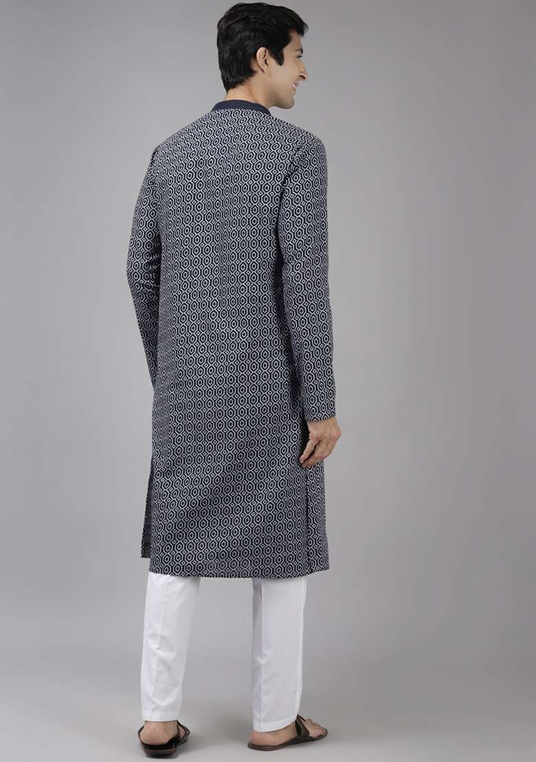 Blue Printed Thread Work Cotton Kurta Set For Men - Indya