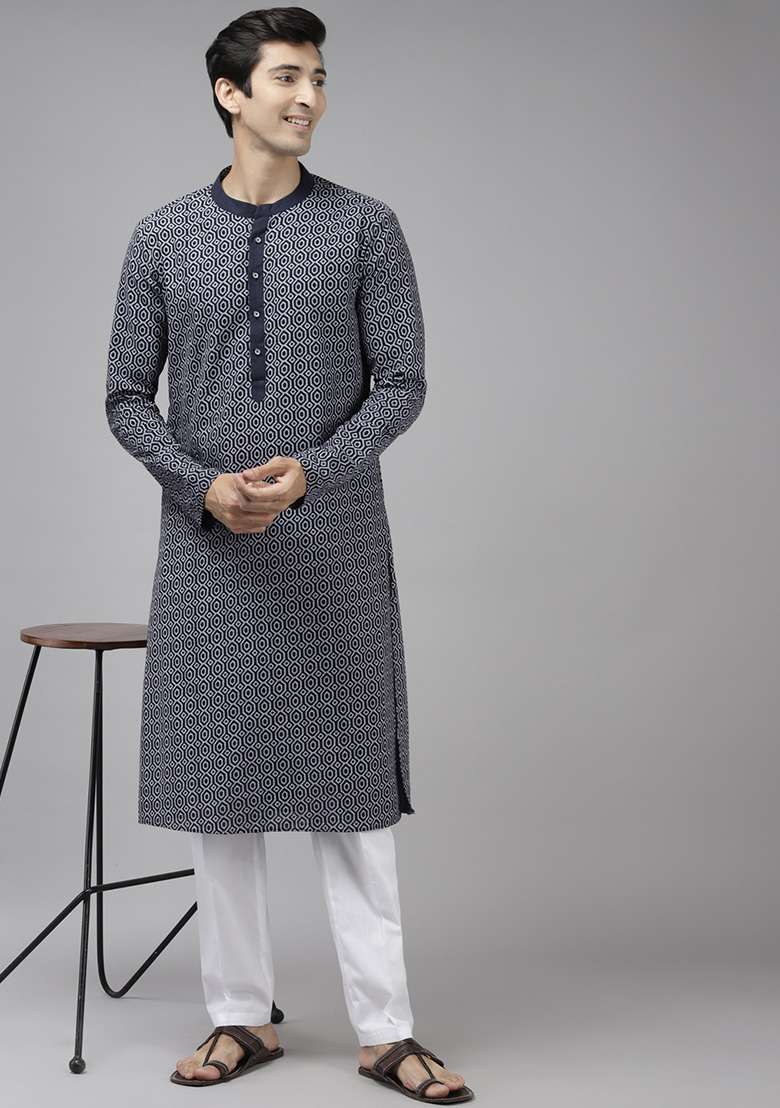 Blue Printed Thread Work Cotton Kurta Set For Men - Indya