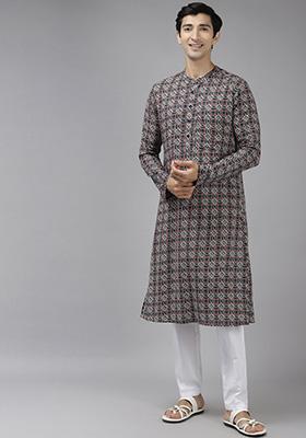 Teal Blue Printed Cotton Kurta Set For Men
