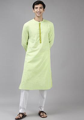 Lime Green Printed Cotton Straight Kurta Set For Men