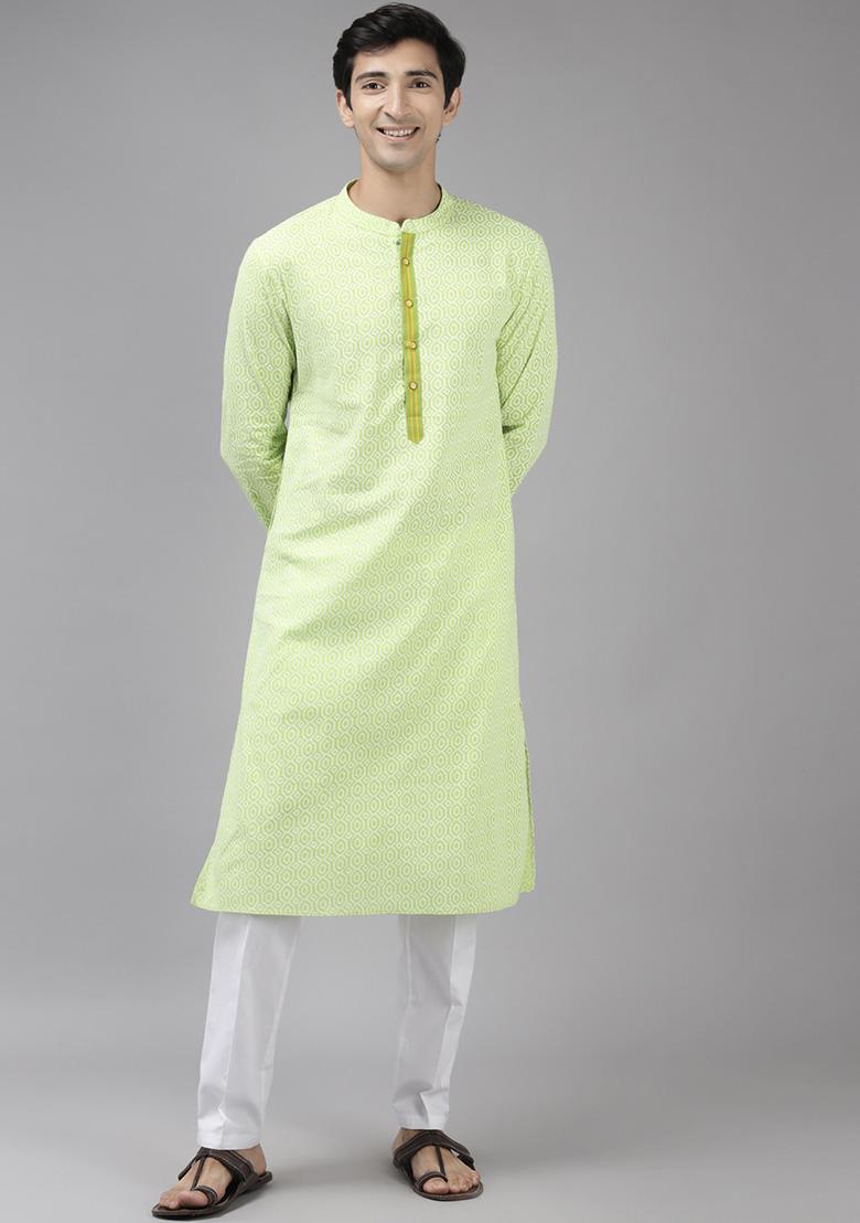 Lime Green Printed Cotton Straight Kurta Set For Men