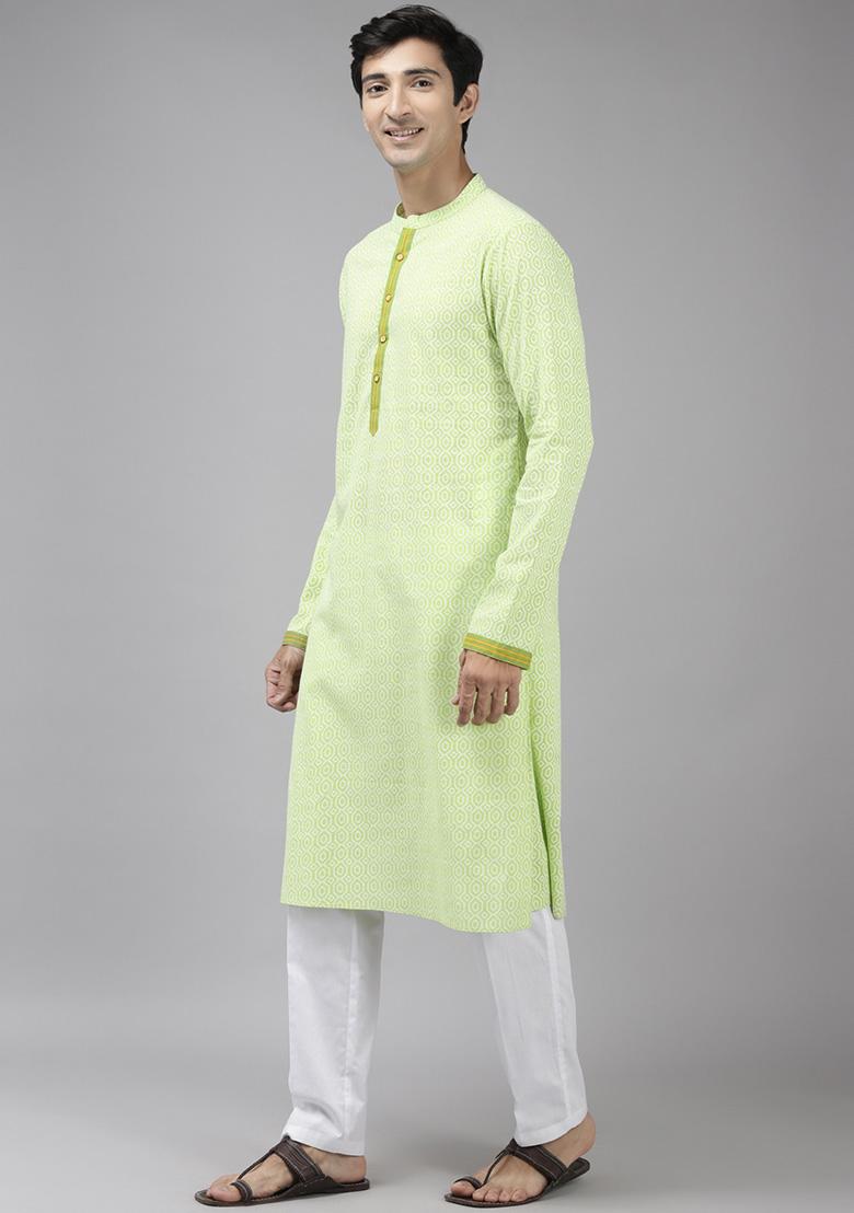 Lime Green Printed Cotton Straight Kurta Set For Men