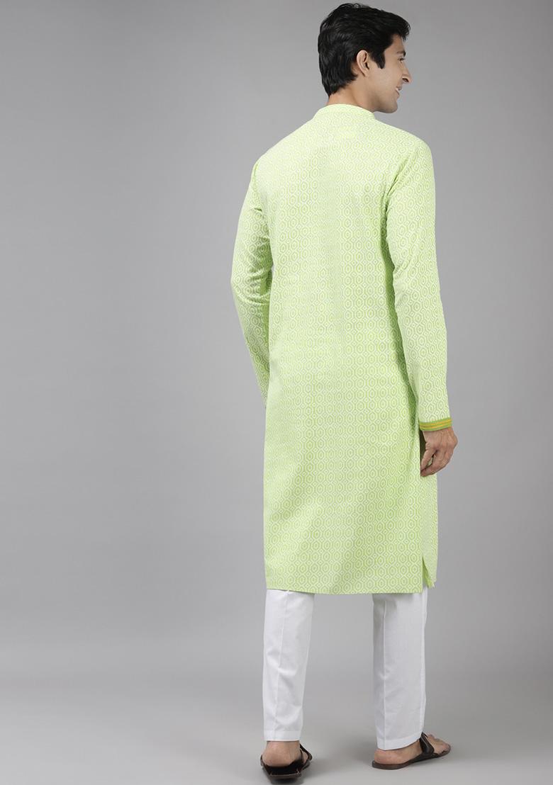 Lime Green Printed Cotton Straight Kurta Set For Men