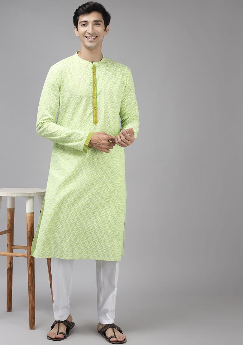 Lime Green Printed Cotton Straight Kurta Set For Men