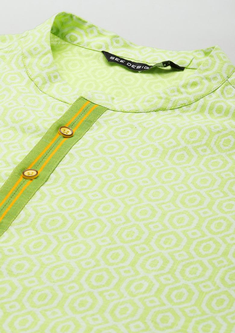 Lime Green Printed Cotton Straight Kurta Set For Men