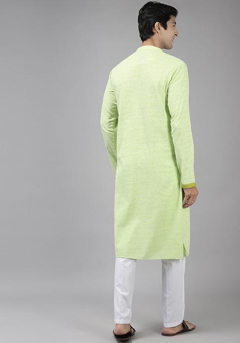 Lime Green Printed Cotton Straight Kurta Set For Men