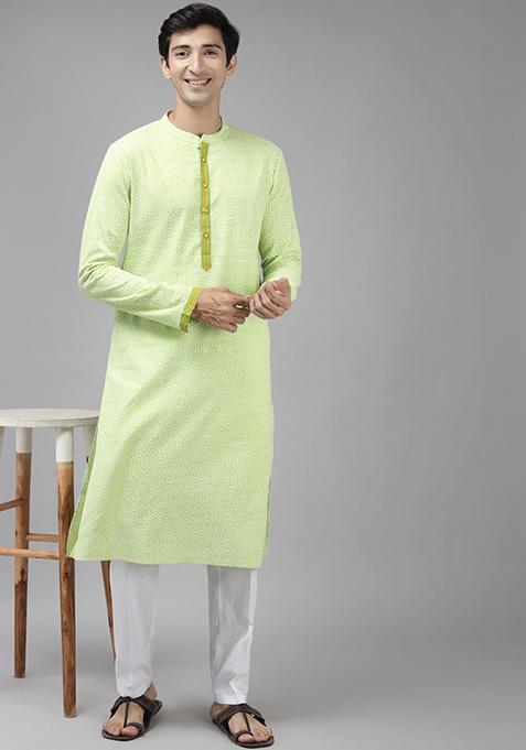 Lime Green Printed Cotton Straight Kurta Set For Men