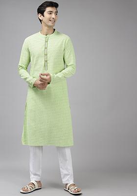 Lime Green Printed Pure Cotton Straight Kurta Set For Men
