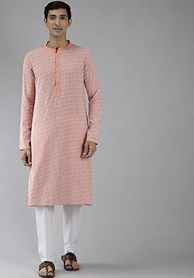 Peach Pure Cotton Straight Kurta Set For Men