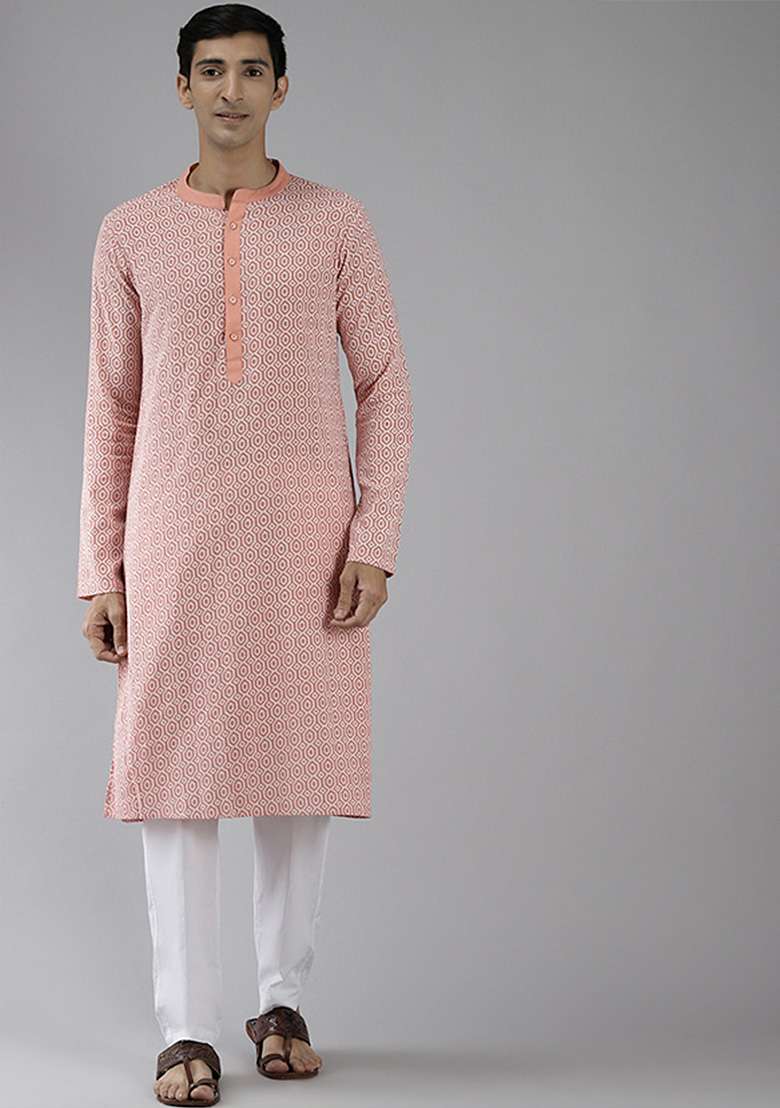 Peach Pure Cotton Straight Kurta Set For Men - Indya