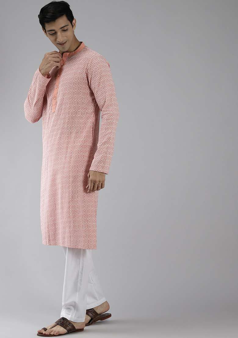 Peach Pure Cotton Straight Kurta Set For Men - Indya