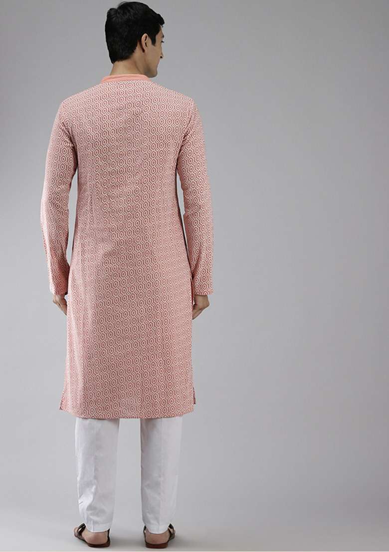 Peach Pure Cotton Straight Kurta Set For Men - Indya