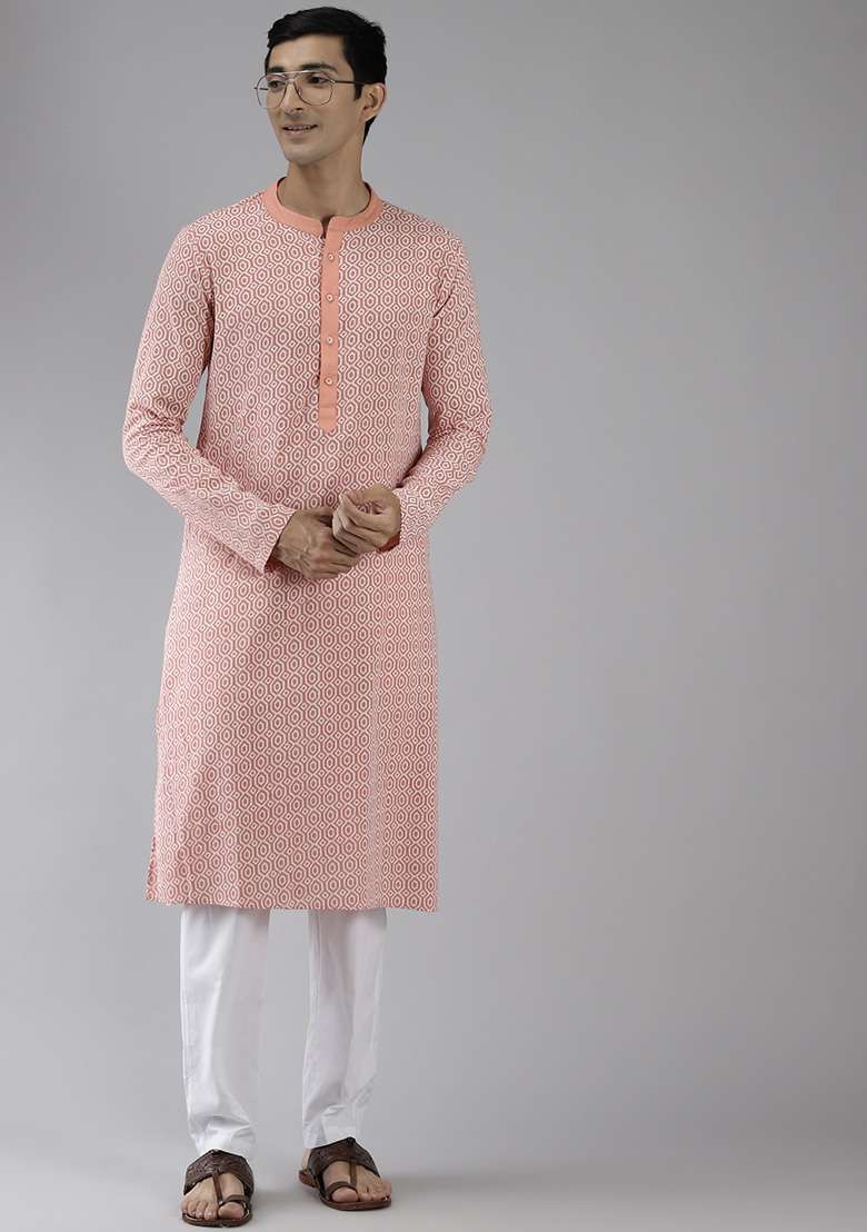 Peach Pure Cotton Straight Kurta Set For Men - Indya