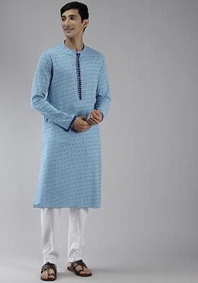 Blue And White Printed Cotton Straight Kurta Set For Men