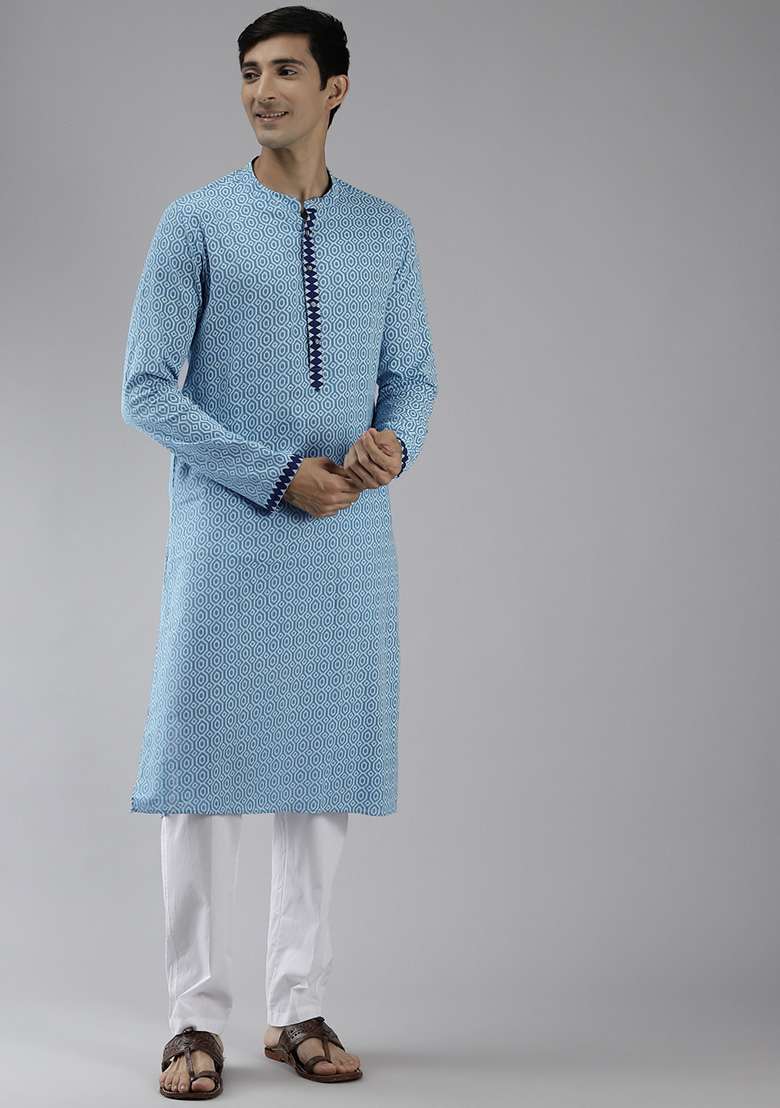Blue And White Printed Cotton Straight Kurta Set For Men - Indya