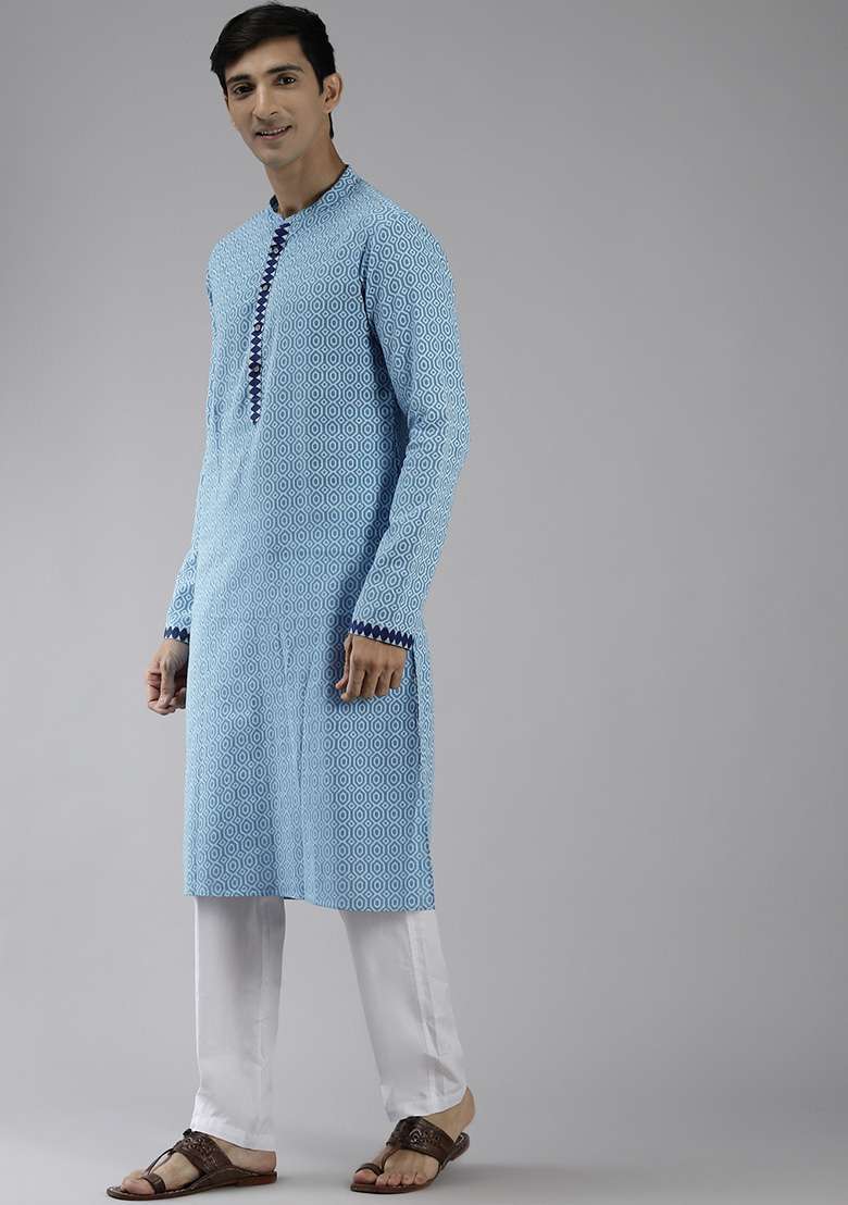 Blue And White Printed Cotton Straight Kurta Set For Men - Indya