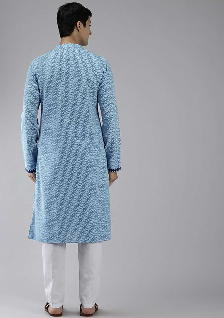 Blue And White Printed Cotton Straight Kurta Set For Men - Indya