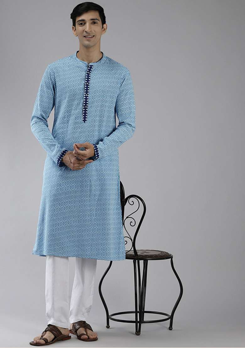 Blue And White Printed Cotton Straight Kurta Set For Men - Indya