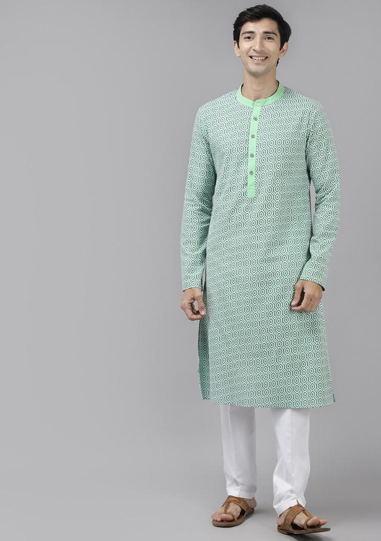 Green Printed Pure Cotton Straight Kurta Set For Men