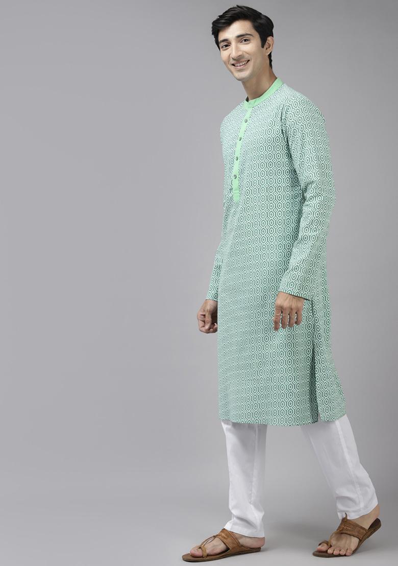 Green Printed Pure Cotton Straight Kurta Set For Men