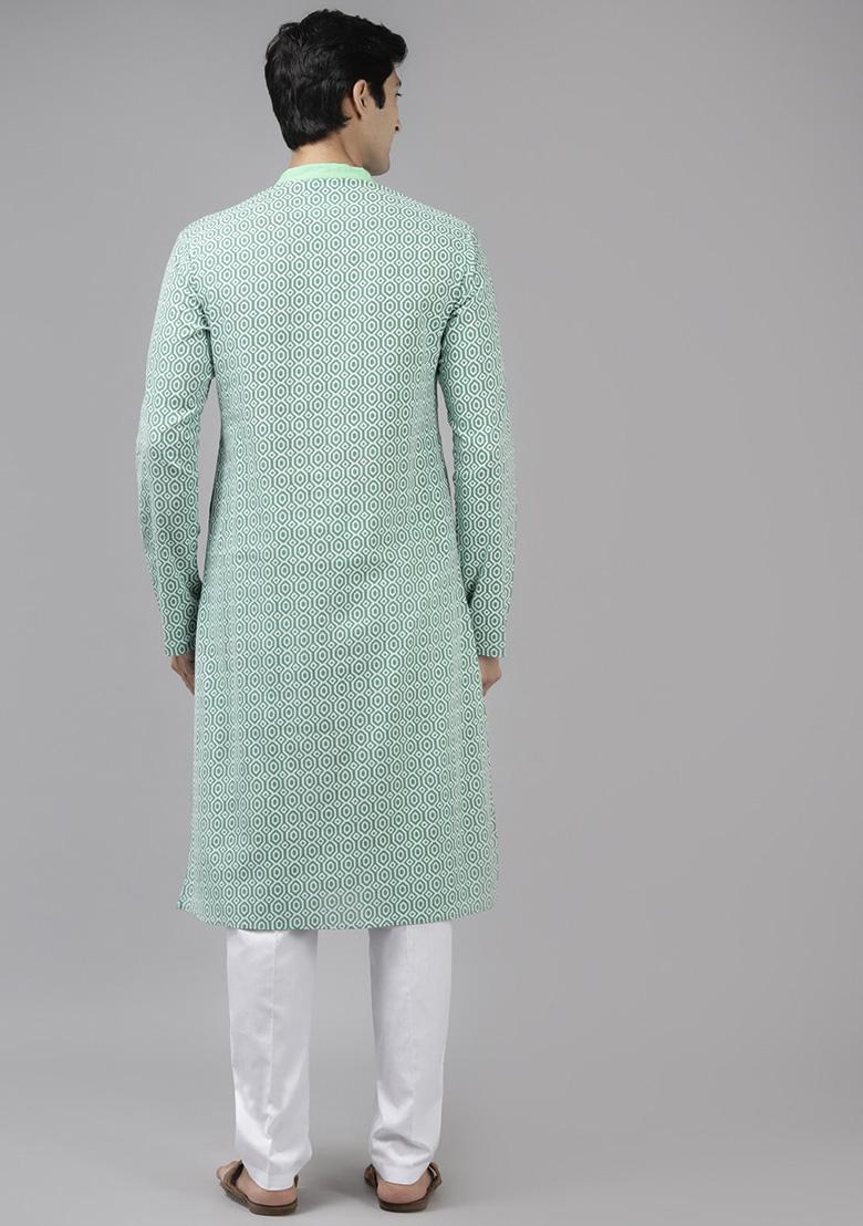 Green Printed Pure Cotton Straight Kurta Set For Men