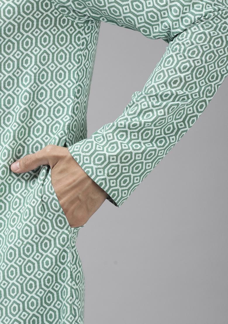 Green Printed Pure Cotton Straight Kurta Set For Men