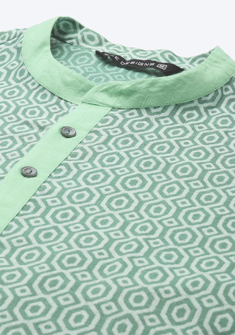 Green Printed Pure Cotton Straight Kurta Set For Men