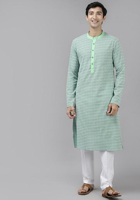 Green Printed Pure Cotton Straight Kurta Set For Men