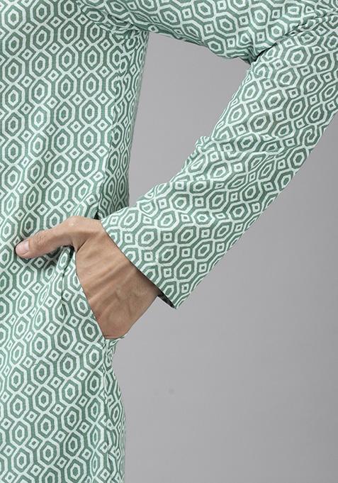 Green Printed Pure Cotton Straight Kurta Set For Men