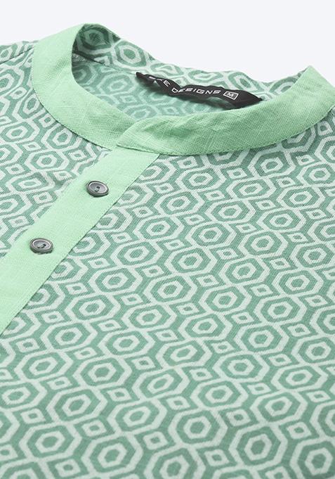 Green Printed Pure Cotton Straight Kurta Set For Men