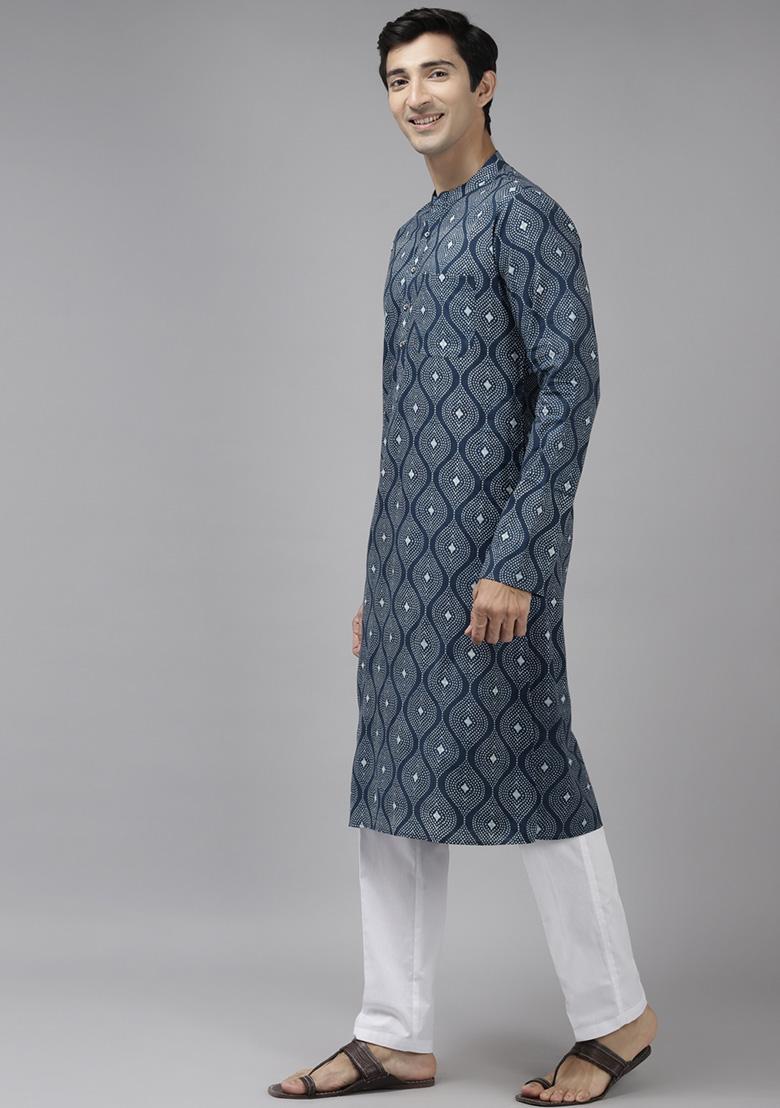 Blue Printed Cotton Straight Kurta Set For Men