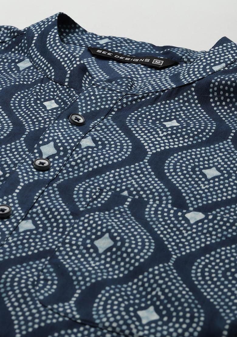 Blue Printed Cotton Straight Kurta Set For Men
