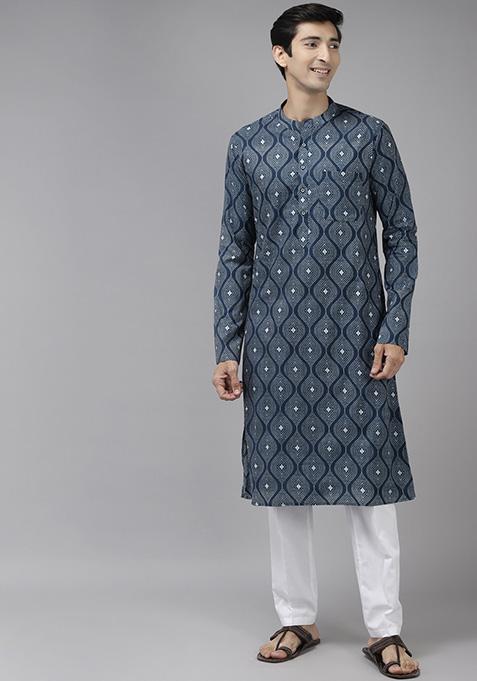 Blue Printed Cotton Straight Kurta Set For Men