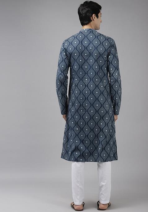 Blue Printed Cotton Straight Kurta Set For Men